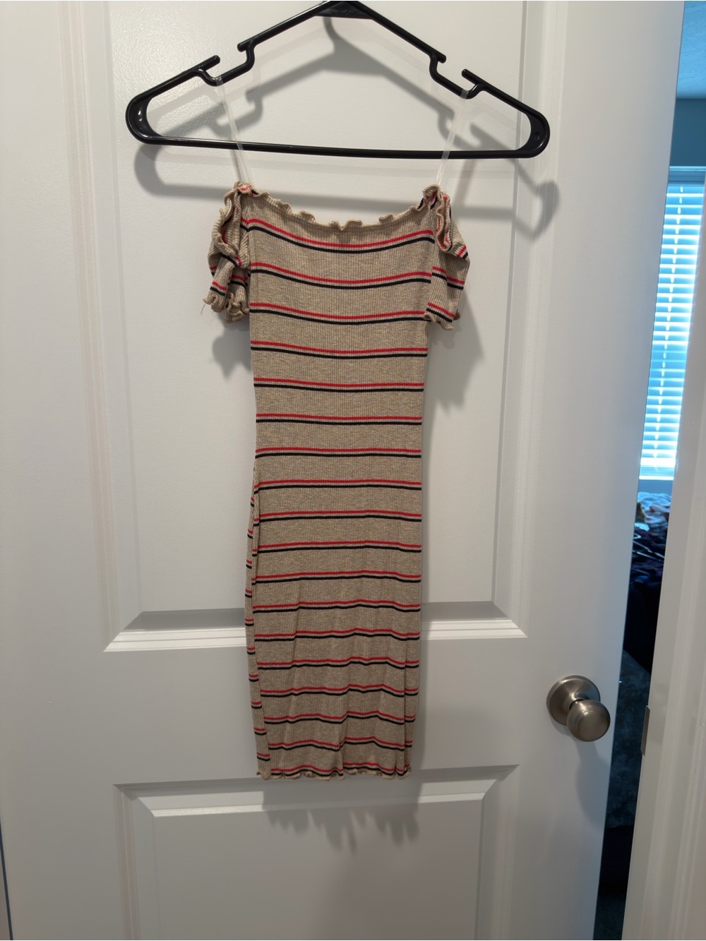Striped Beige Off-Shoulder Midi Dress with Red & Navy Accents